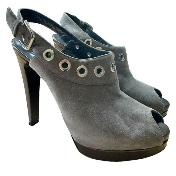 Stuart Weitzman Portside Gray Suede Grommet Platform Slingback Stiletto Sz 7 M - Picture 1 of 11